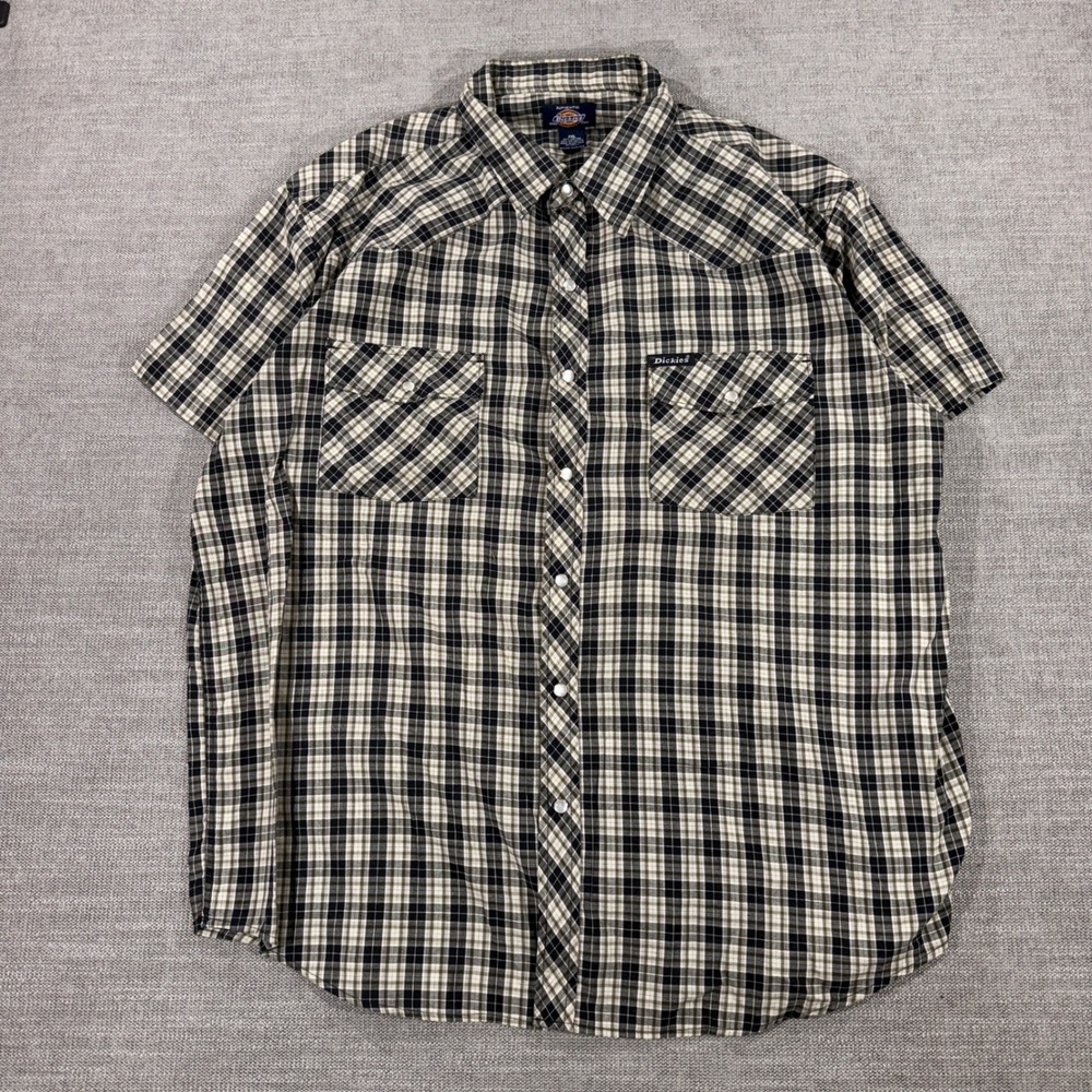 Dickies Western Shirt Mens 2XL Olive Green Plaid Short Sleeve Snap Excellent